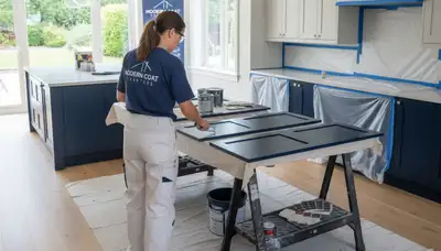 Professional cabinet painting in Burlington VT kitchen by expert house painters for durable refinishing