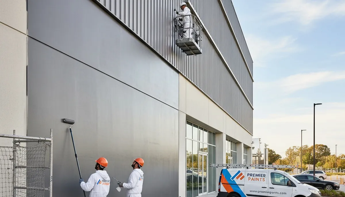 Professional commercial painters working on Burlington VT office exterior repainting