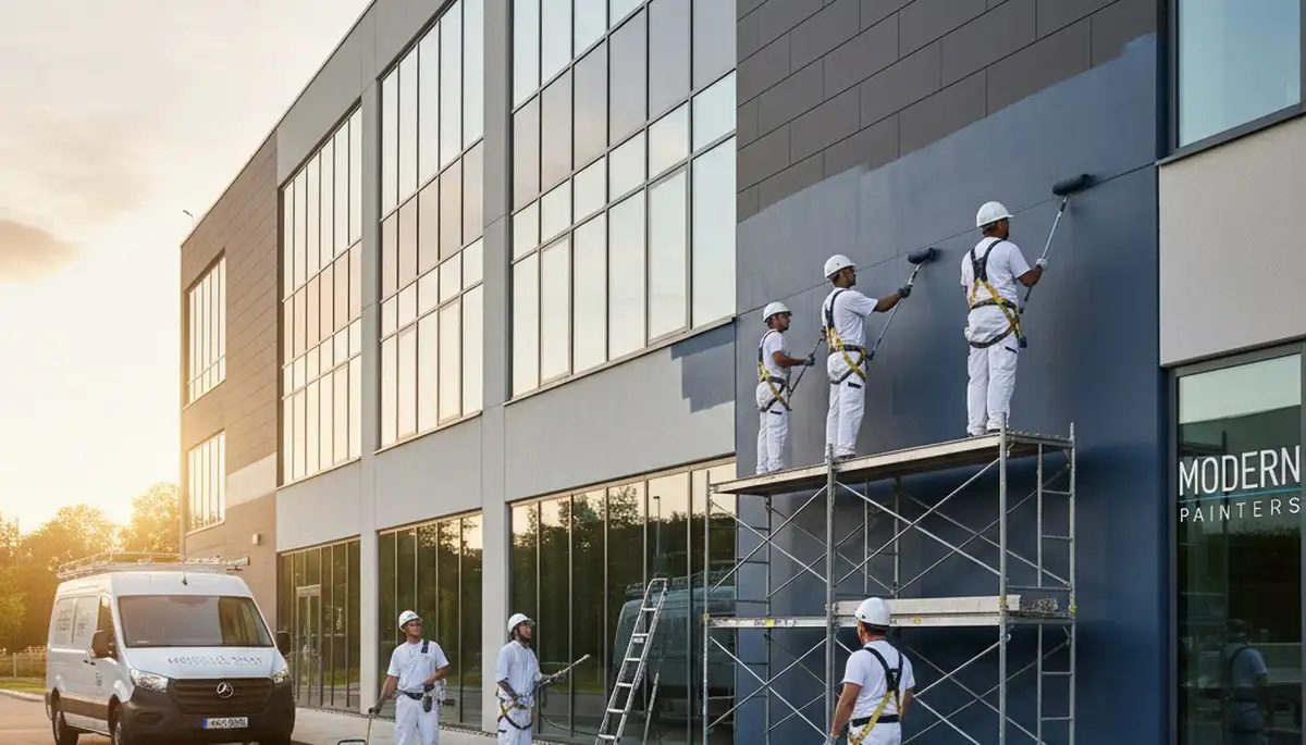 Professional commercial painters in Burlington VT applying durable coatings to business exterior