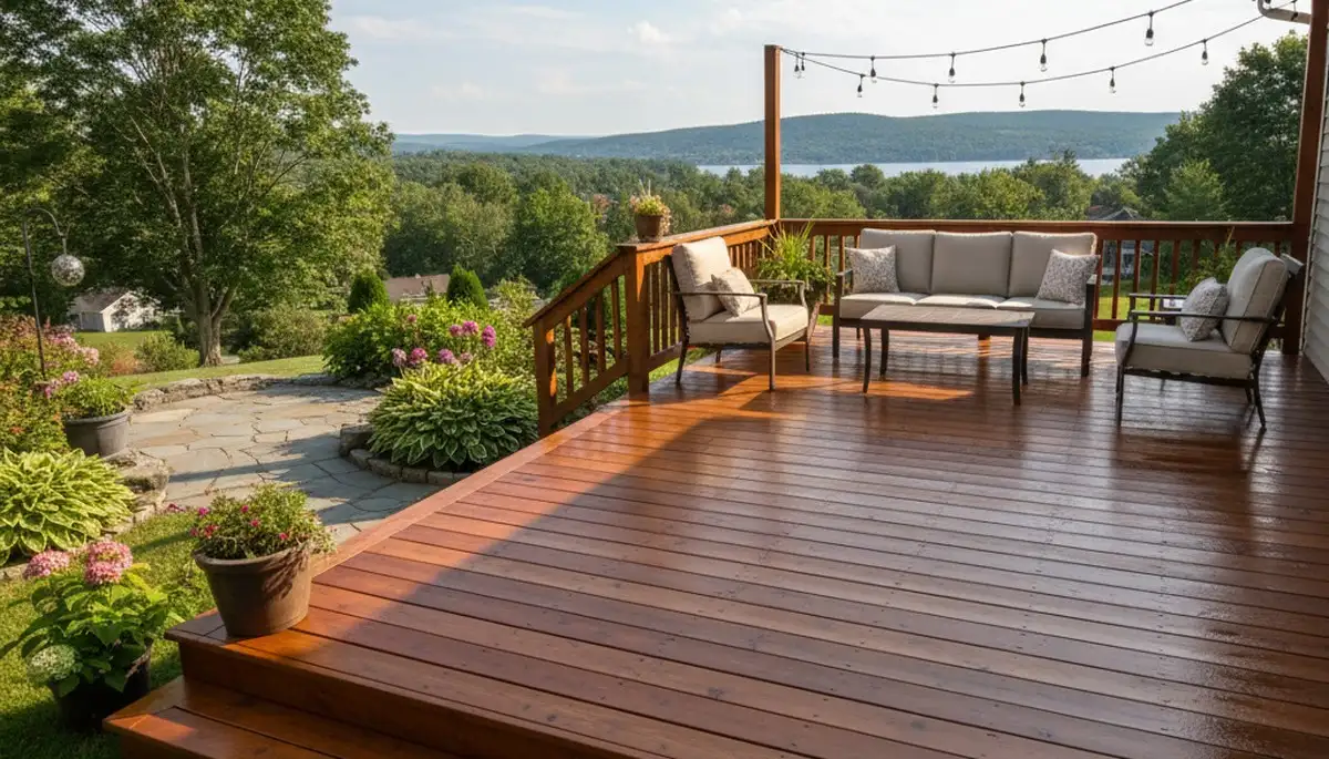 Finished deck staining in Burlington, VT showcasing rich wood tone and weather-protective finish