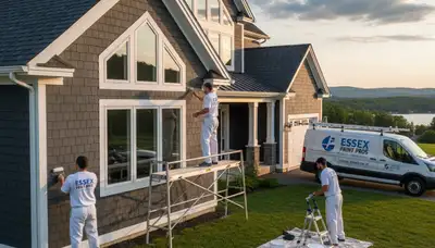 Professional house painters working on Burlington VT home exterior repainting project