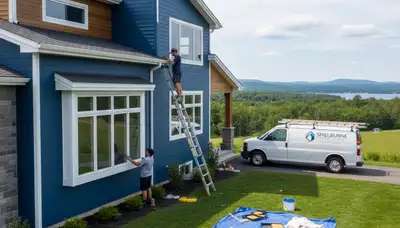 Professional house painters working on exterior home repaint in Burlington, VT