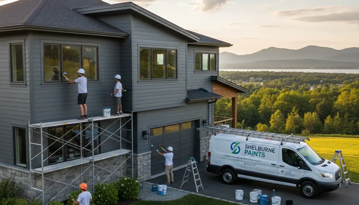 Professional house painters working on a Burlington VT home exterior repaint project