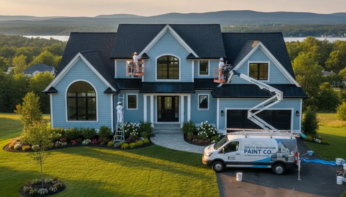 Professional house painters working on Burlington VT home exterior repainting project