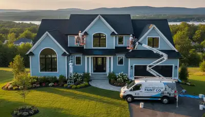 Professional house painters working on Burlington VT home exterior repainting project