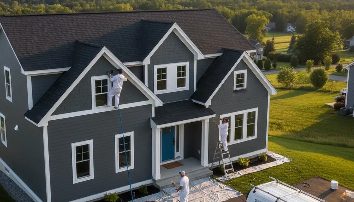 Professional house painters working on exterior home repaint in Burlington, VT