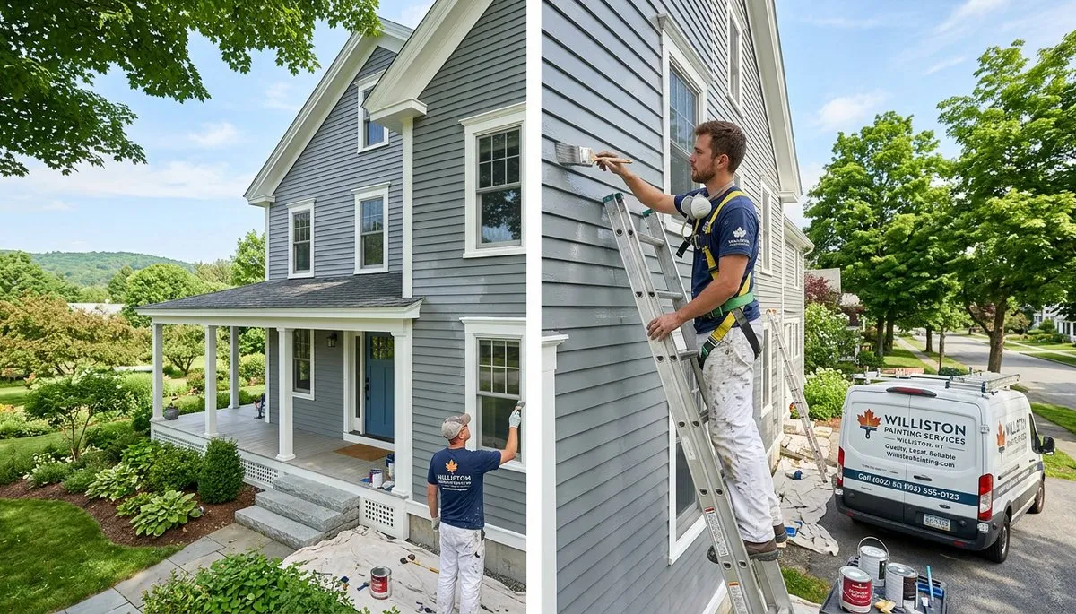 Professional house painters finishing exterior home in Burlington VT