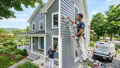 Professional house painters finishing exterior home in Burlington VT