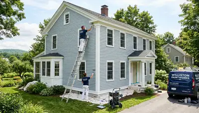 Professional house painters working on a Burlington VT home exterior repaint