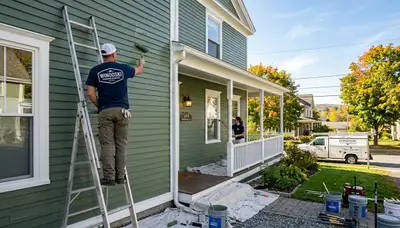 Professional house painters finishing exterior home in Burlington VT