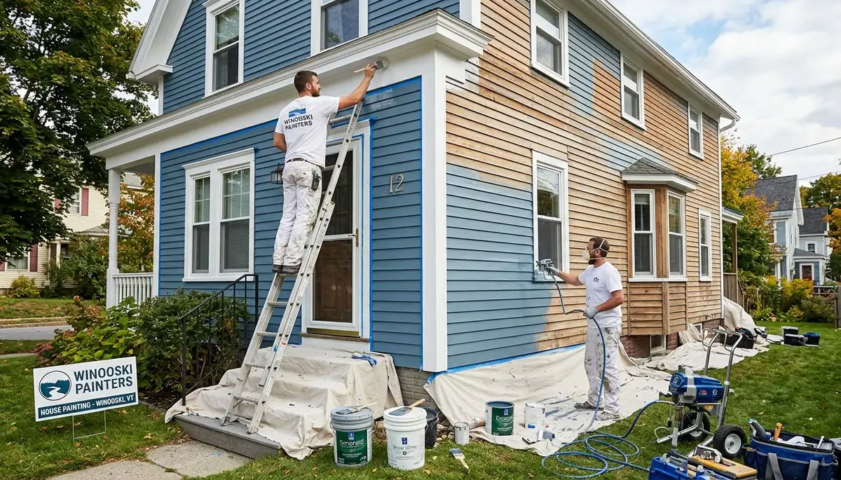 Professional house painters working on residential exterior in Burlington VT