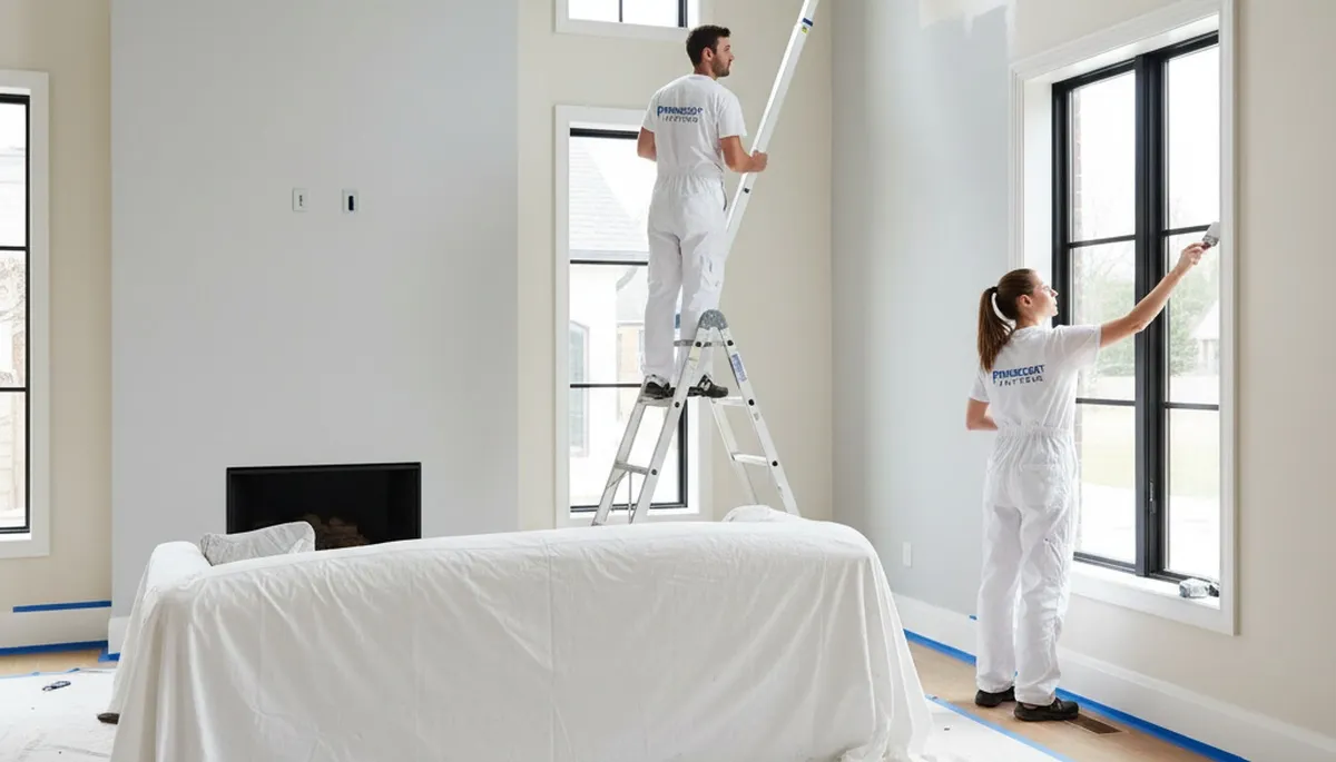Professional interior house painters working in Burlington, VT living room with quality paint finish