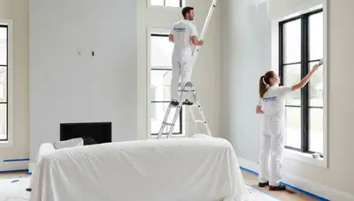 Professional interior house painters working in Burlington, VT living room with quality paint finish