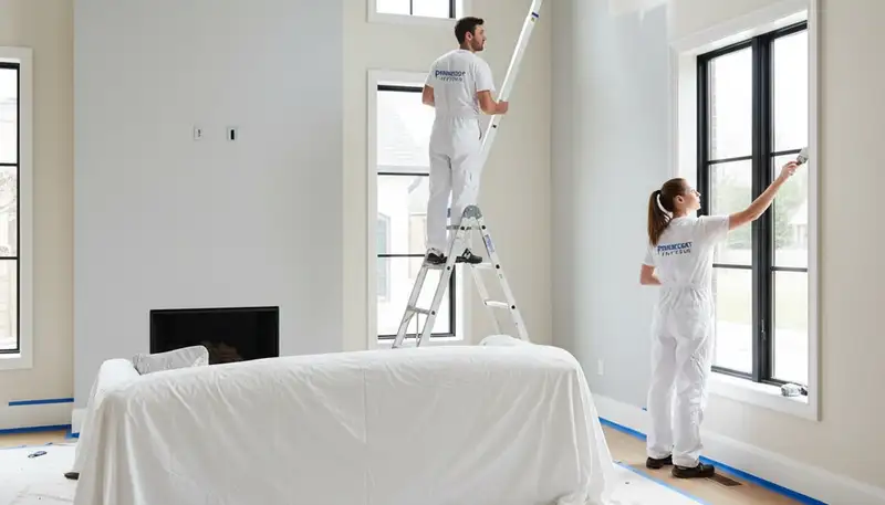 Professional interior house painters working in Burlington, VT living room with quality paint finish