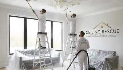 Technician removing popcorn ceiling in Burlington VT home for smooth modern finish