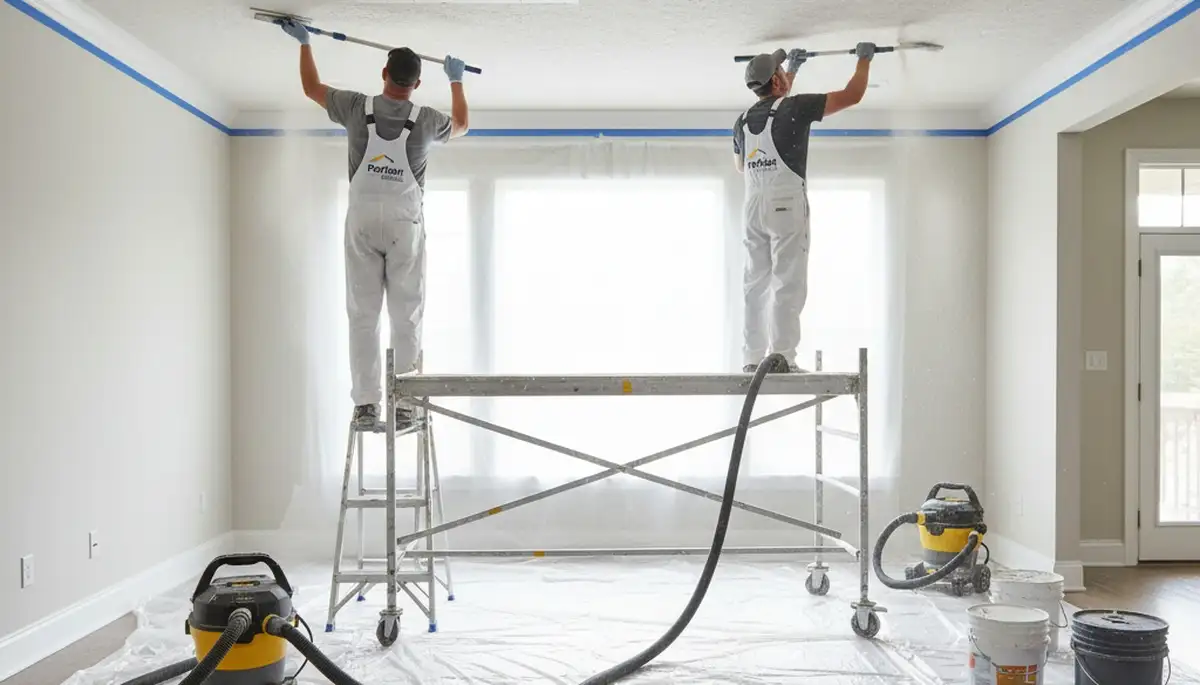 Technician removing popcorn ceiling in Burlington VT home for smooth modern finish