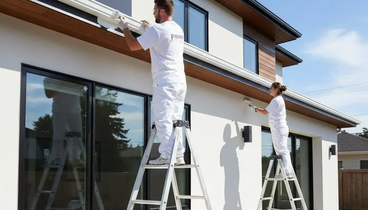 Professional trim and fascia painting on Burlington VT home exterior by expert house painters